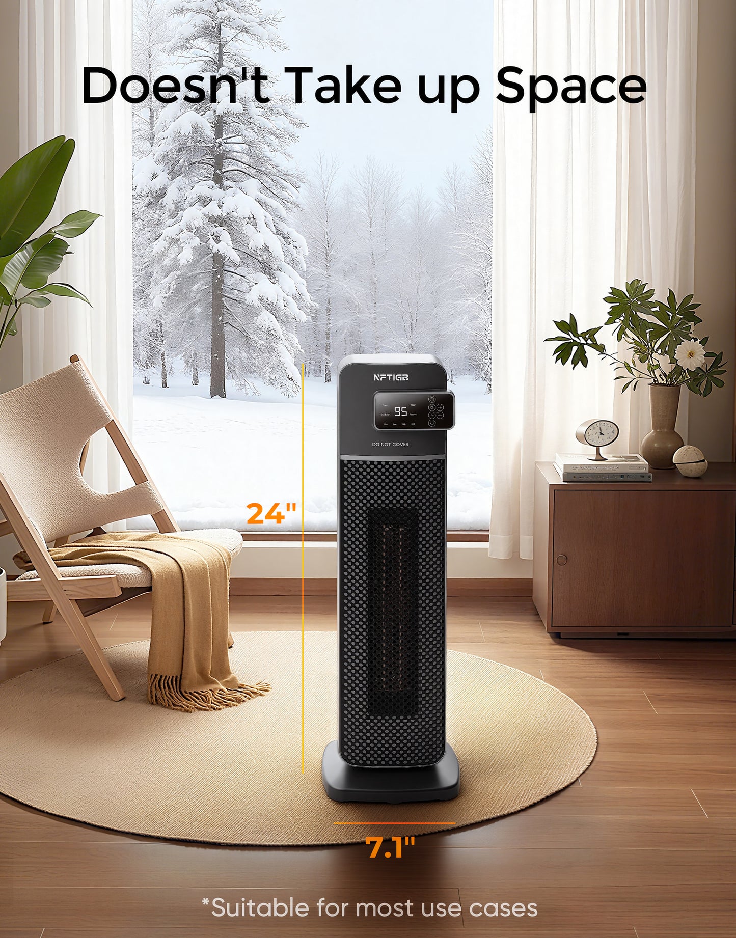 NFTIGB 24 inch PTC Ceramic Tower Heater for Home with Tip-Over Switch, Digital Display, Thermostat, Wide Oscillation, Remote, Timer, Gray