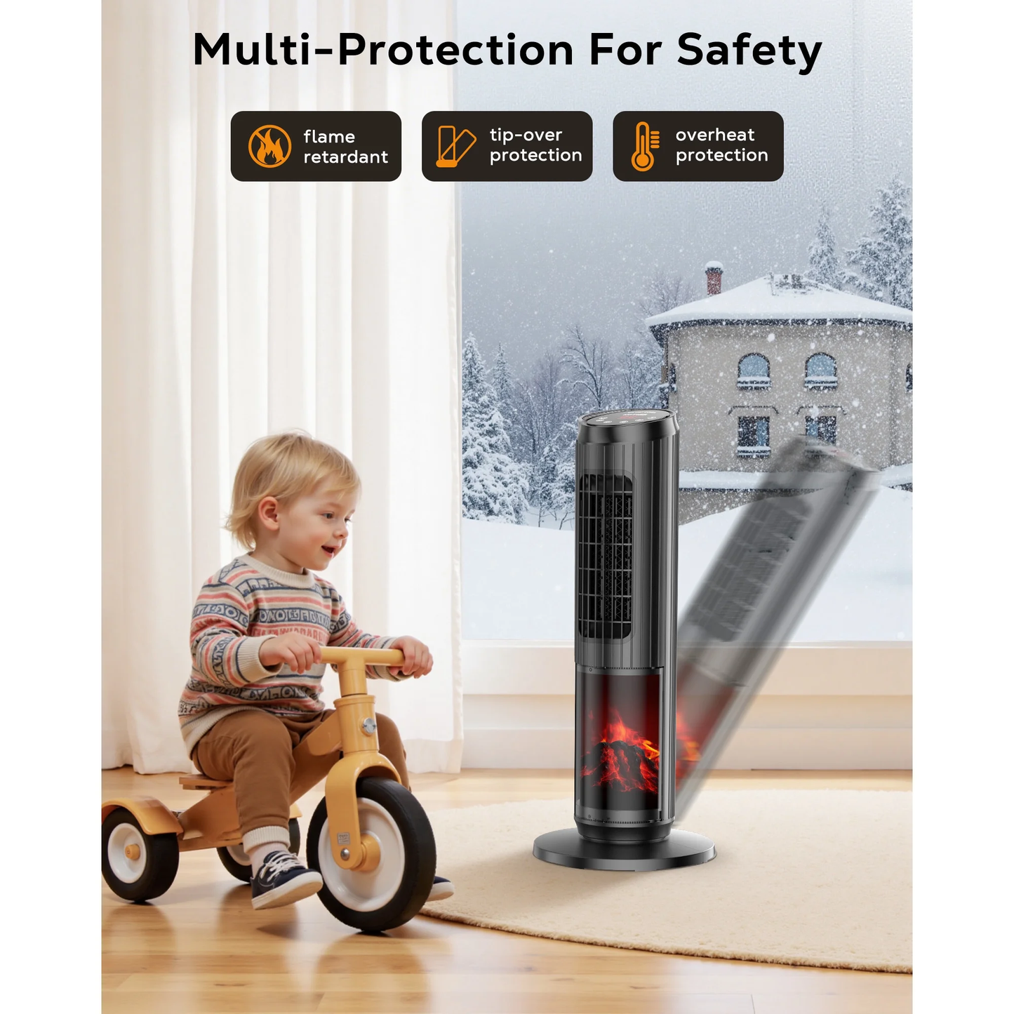 NFTIGB 24 inch Space Heater, 1500W Quiet Oscillating Ceramic Heater for Large Room, PTC Electric Heater with Realistic 3D Flame Effect, Remote Control, Thermostat, for Office, Bedroom, Indoor Use