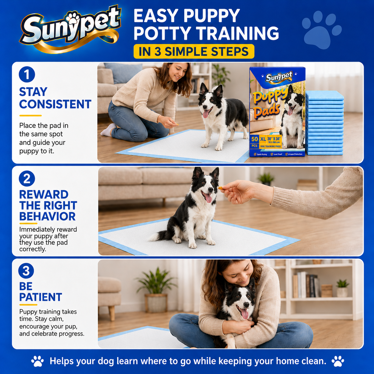 Sunypet Puppy Pads Disposable Dog Potty Training Pads, Quick Dry, Ultra Absorbent, XL 30"x34", 50ct