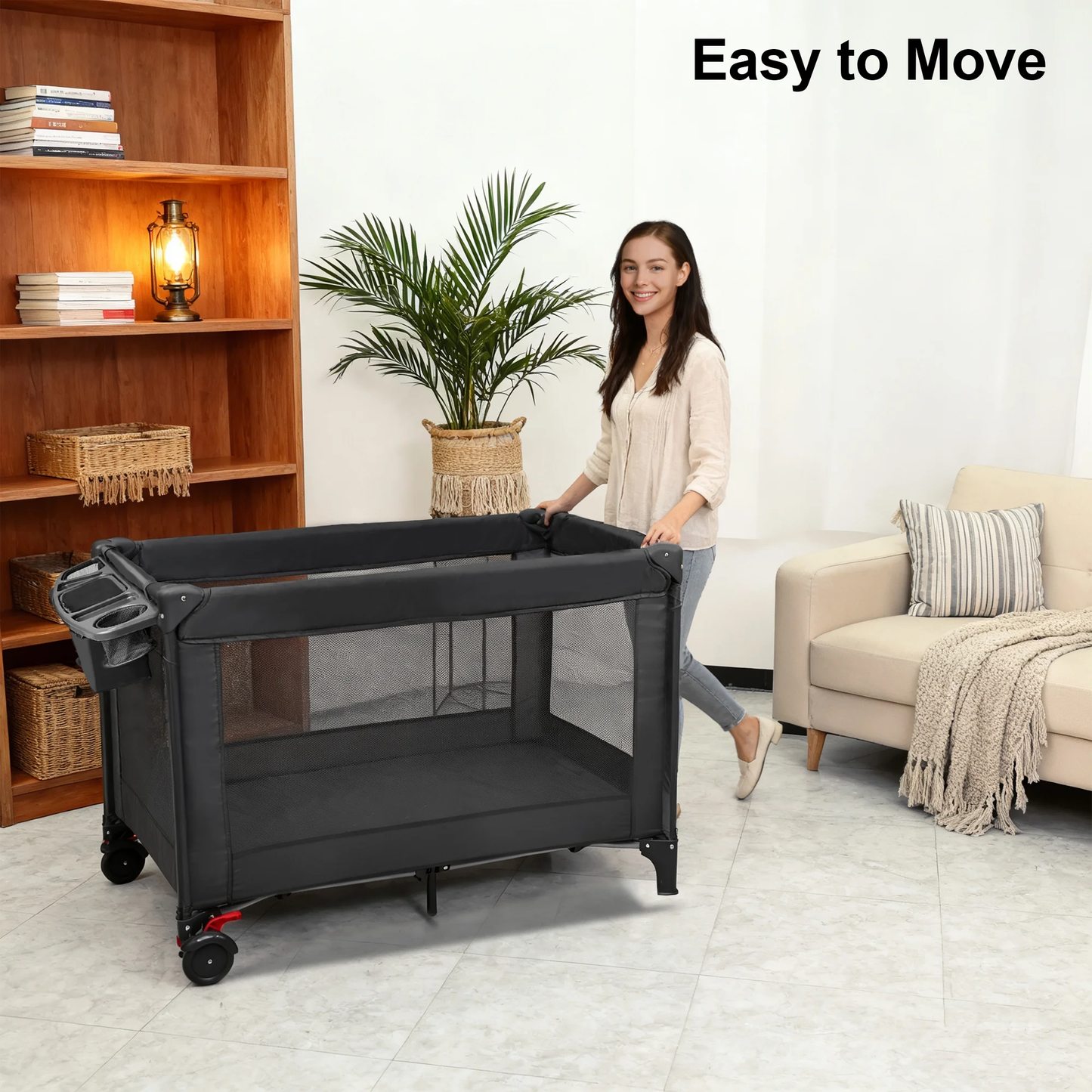 RUPOUN Baby Playards, Foldable Nursery Center Playpen and Toy Mobile, Portable Travel Bassinet, Locking Wheels, Gray