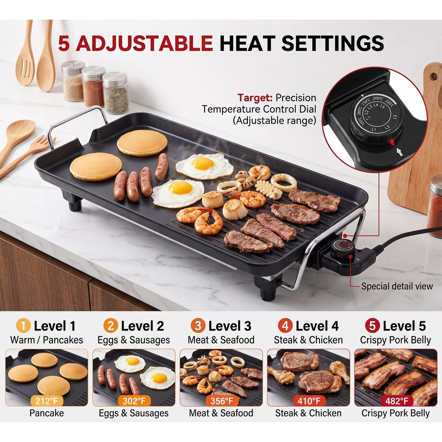 CASUALIFE 2-in-1 Electric Griddle & Indoor Grill, Non-Stick Large Cooking Surface with 5 Adjustable Temperature Controls for Pancakes, BBQ and Burgers, Black
