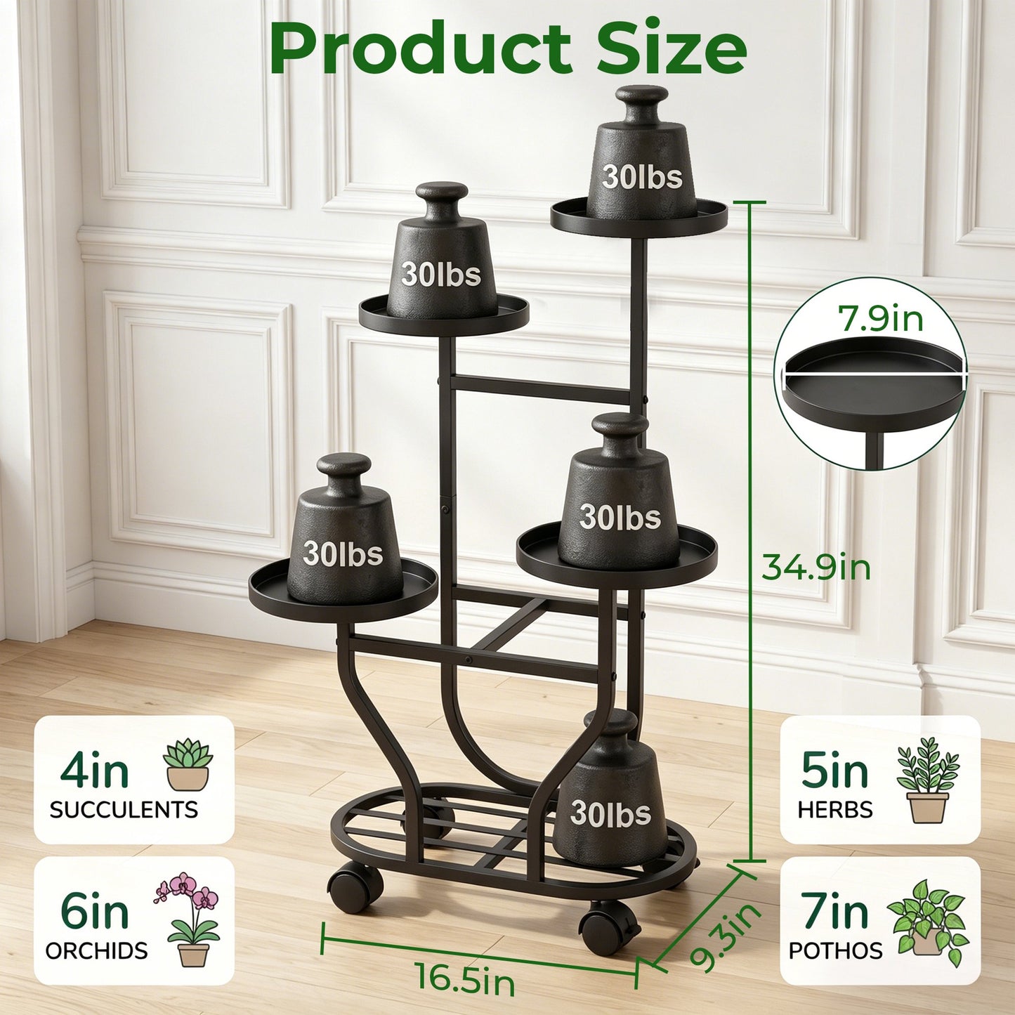 OHHANI 5-Tier Metal Plant Stand with Wheels, Tall Indoor/Outdoor Corner Flower Pot Display Shelf, Matte Black