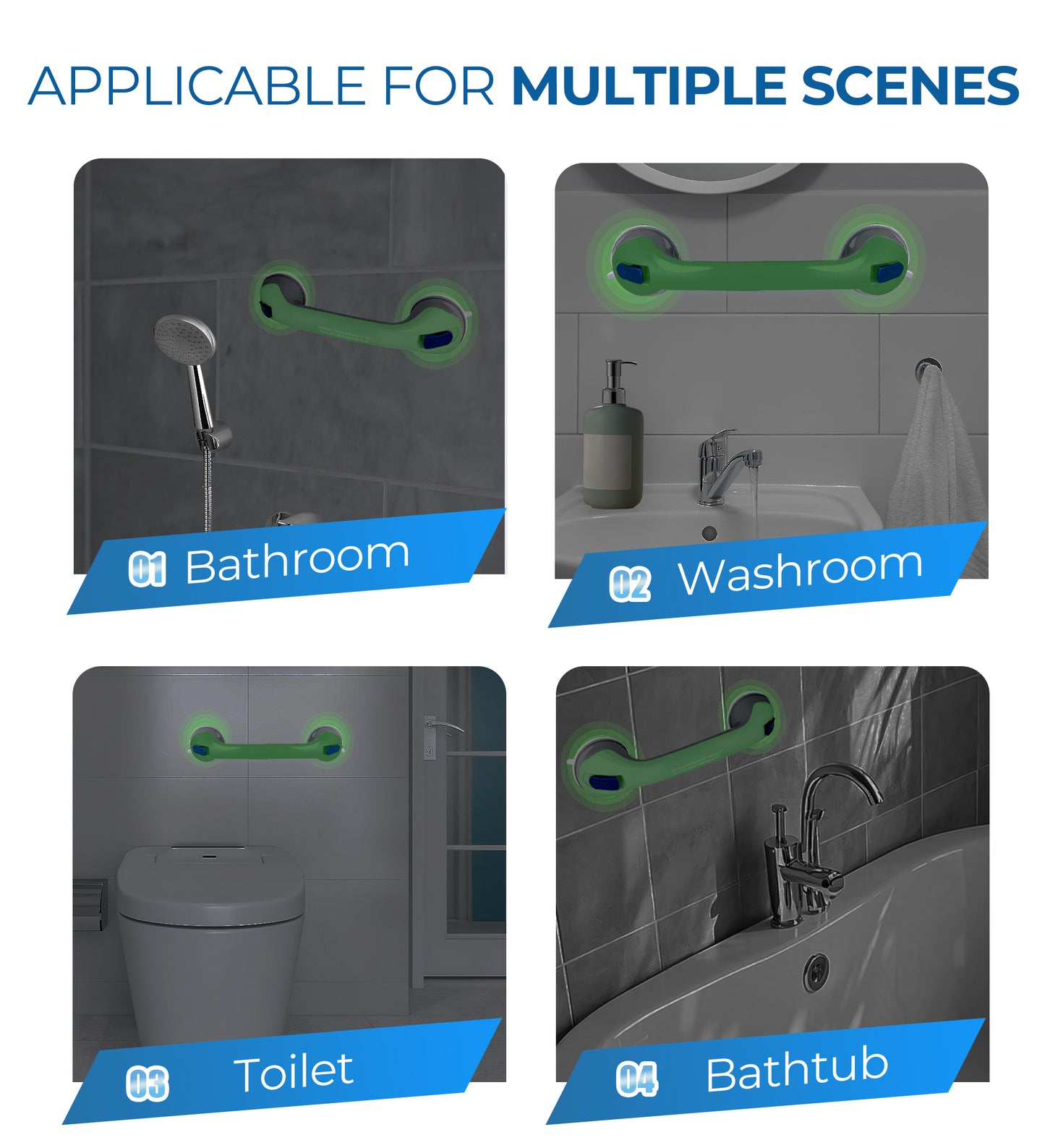 Hodvit 2 Piece 16" Shower Grab Bar, Glow-in-the-Dark Shower Handle with Power Suction Cup Grip for Seniors, Weight Capacity 200 lbs,New