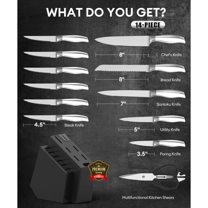 Younghome 14 Pcs Sharp Knife Set with Block Built-in Sharpener,Ergonomic Handle,Kitchen Chef Knives