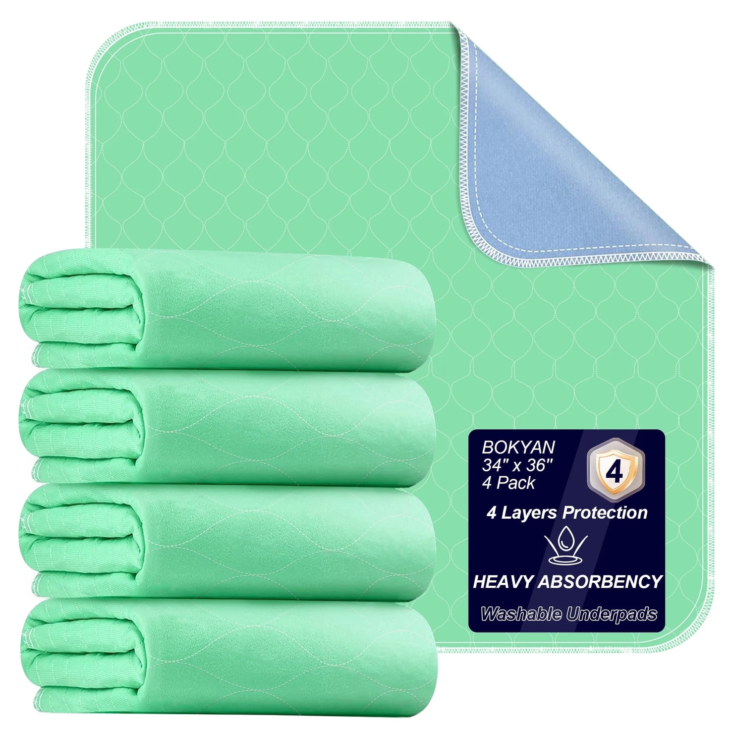 BOKYAN Washable Bed Pads 4 Pack 34"x36", Reusable Incontinence Underpads with Extra Heavy Absorbency for Diaper Changing, Pee Pads, Puppy Pads, Waterproof Sofa and Floor Protector, Green and Blue