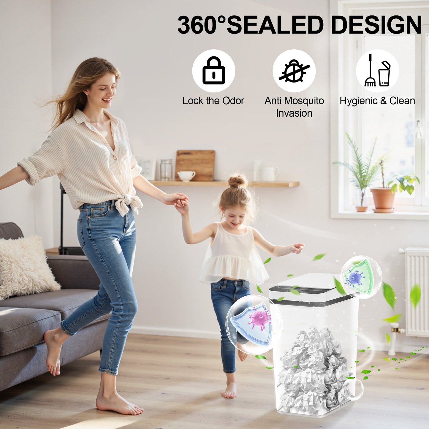 Riousery 4 Gallon Smart Trash Can 2-Pack, Touchless Sensor Bin with Silent Close and Odor Control, White