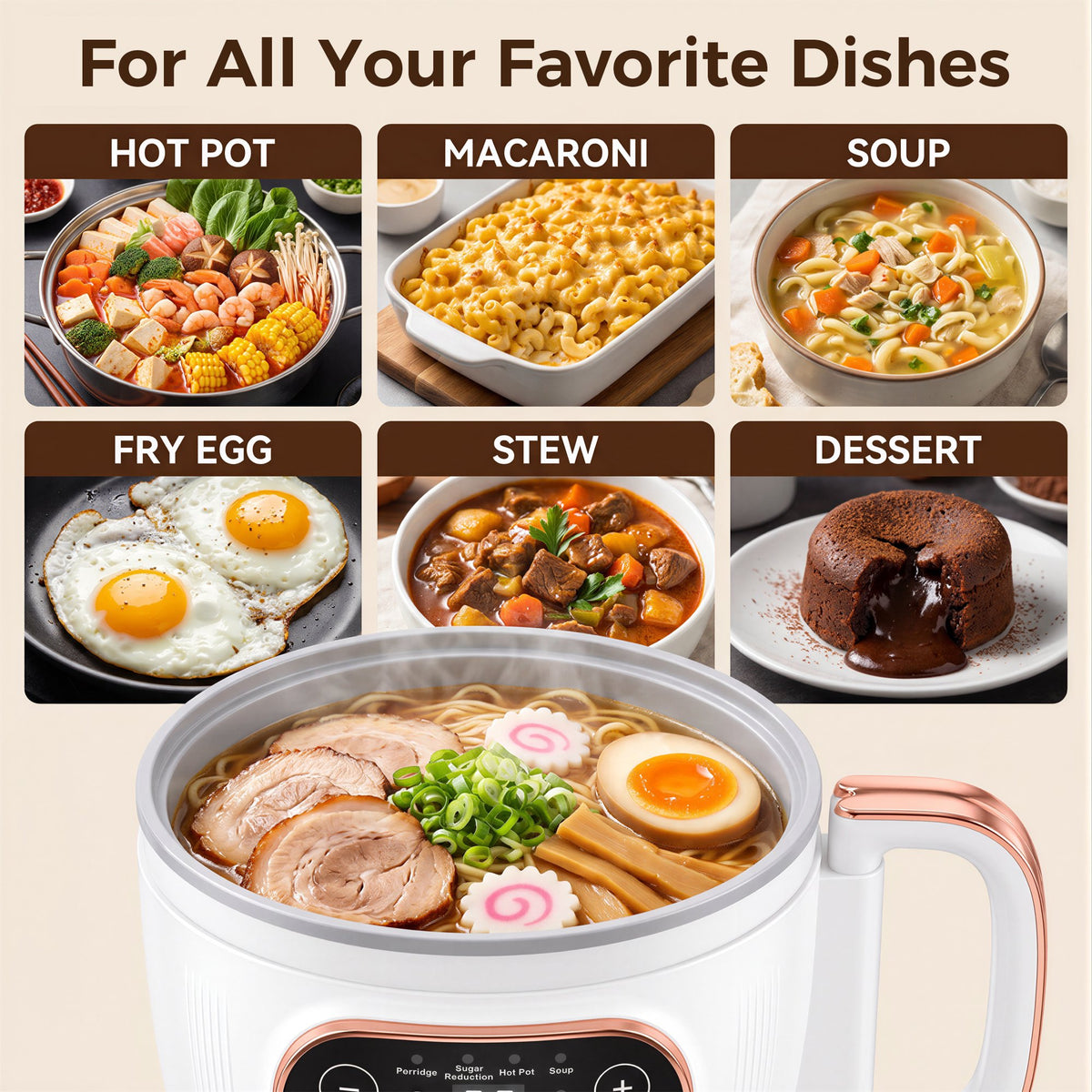 ICETear Portable Electric Cooking Pot with Foldable Handle, Mini Hot Pot & Low Sugar Rice Cooker, Titanium Non-Stick Inner Pot, 6 Smart Menus, Off-White