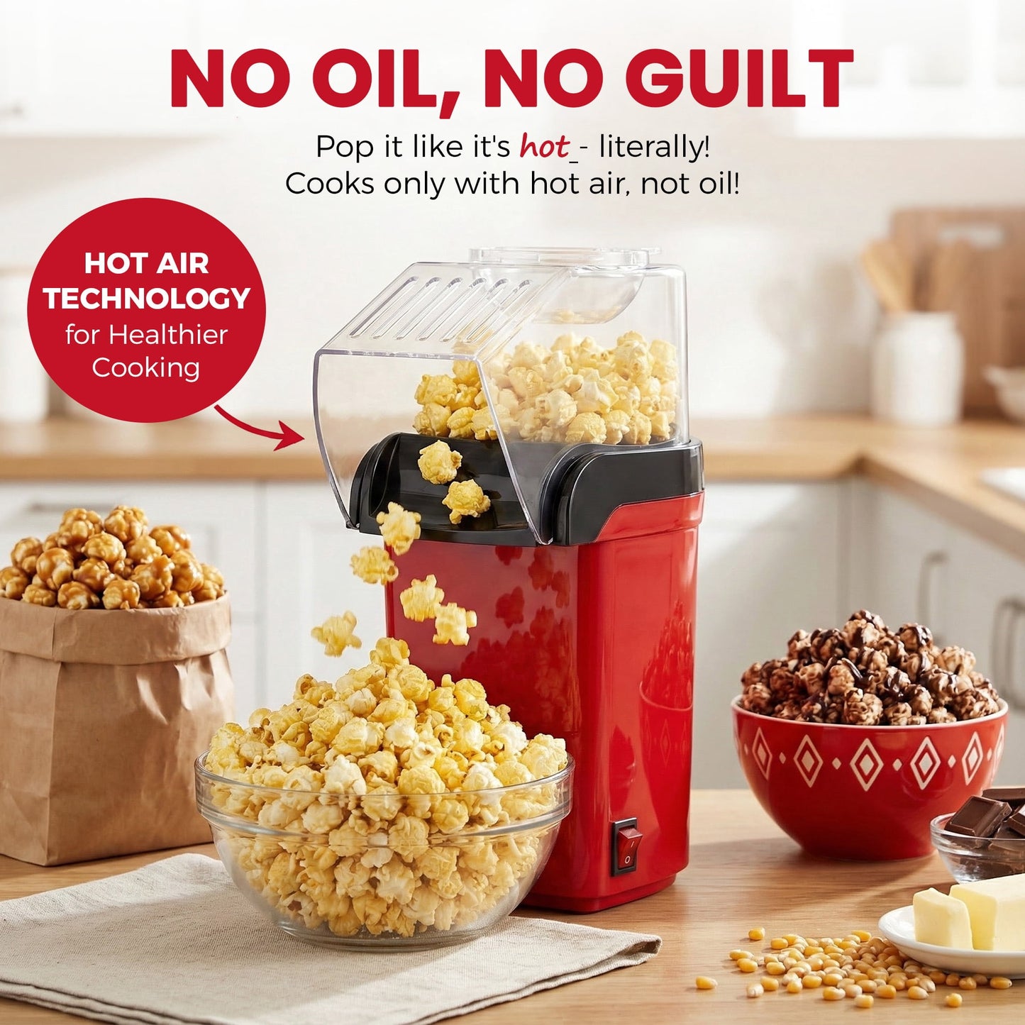 Casualife Air Popcorn Maker, Oil-Free Hot Air Popper, 8-Cup Capacity, One-Button Operation