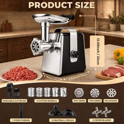 Casualife Electric Meat Grinder & Slicer, Multifunctional Food Processor, 5 Slicing Cones, 3 Molds (Includes Kibbeh) & 2 Blades