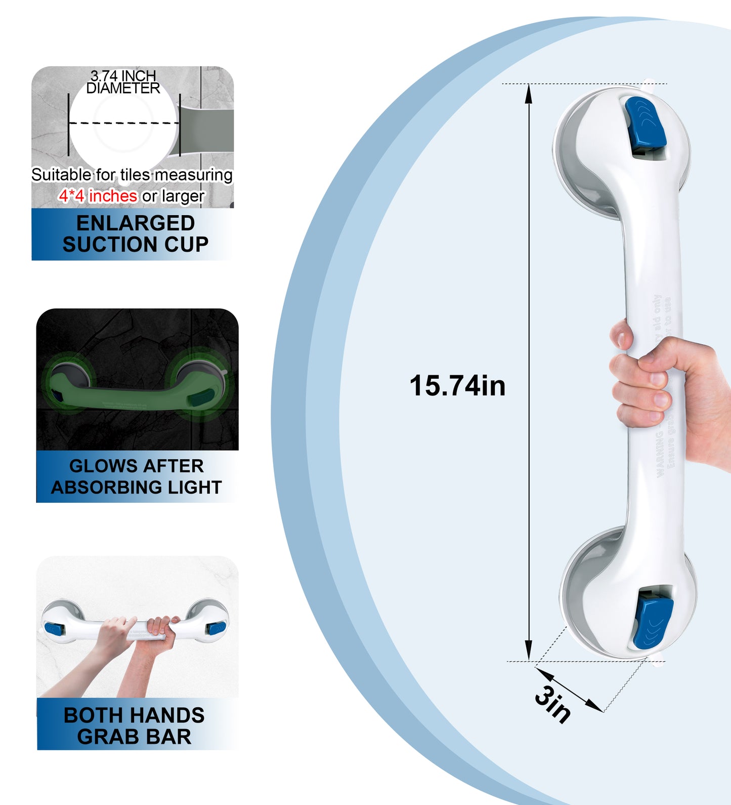 Hodvit 2 Piece 16" Shower Grab Bar, Glow-in-the-Dark Shower Handle with Power Suction Cup Grip for Seniors, Weight Capacity 200 lbs,New