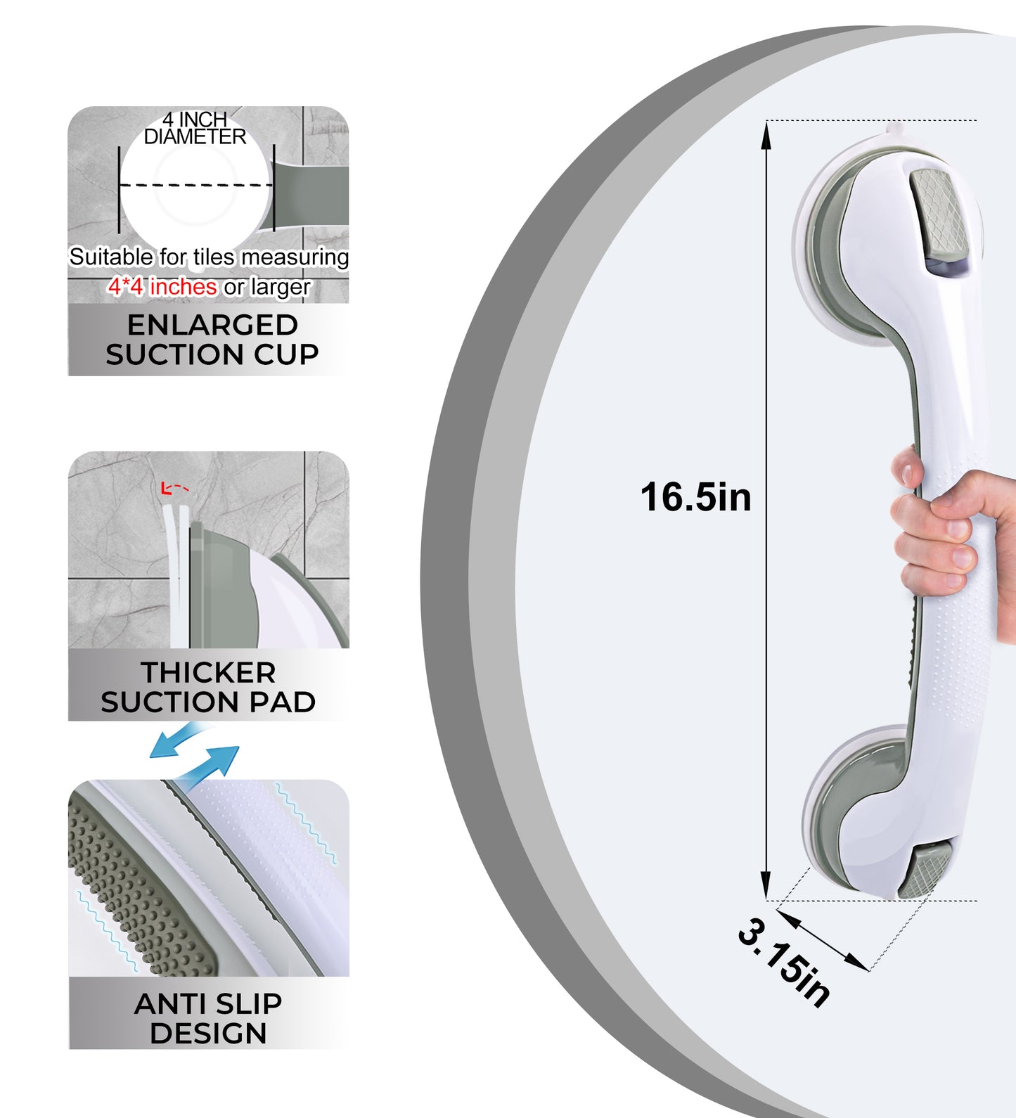 Hodvit 2 Pack Shower Grab Bars, Bathroom Shower Handles with Strong Suction Cup Grip for Seniors,Handle Carries 200lbs (16 inch)