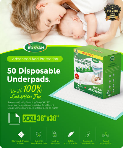 BOKYAN Bed Pads for Incontinence Disposable, 36 x 36 Waterproof Underpads, Maximum Absorbent Unisex Large Chucks Pad, Bed Liners Chux for Adults, Kids and Pets, XXL (50 Count)