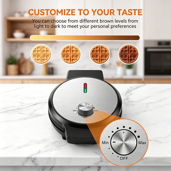 Casualife 1000W Round Waffle Maker with Non-Stick Plates, Dual Indicator Lights and Cool-Touch Handle, Fast Heating Belgian Waffle Iron for Home Kitchen
