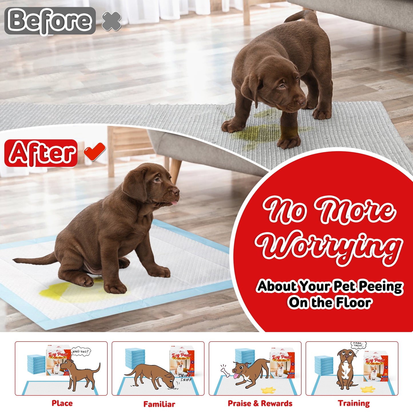 Tolobeve Puppy Pads Training Pads, Large, 22 in x 22 in, 25 Count Disposable Dog Pee Pet Pads