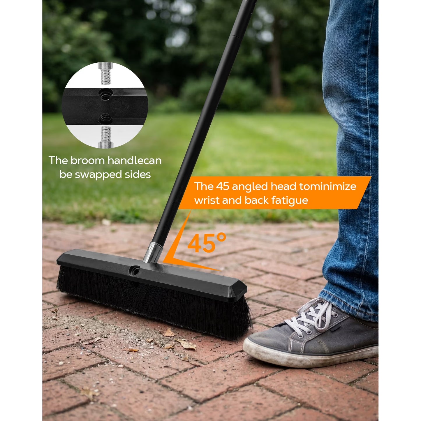 FVSA Push Broom 18" Heavy Duty with 60" Long Handle for Garage, Driveway, Deck, Concrete, Patio, Shop, Black