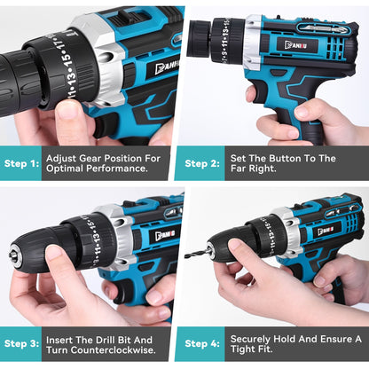 YAHHU 21V Cordless Drill Kit, 3/8" Keyless Chuck, Dual Speed Adjustable, 25+3 Torque Settings, Extensive Driver Accessories