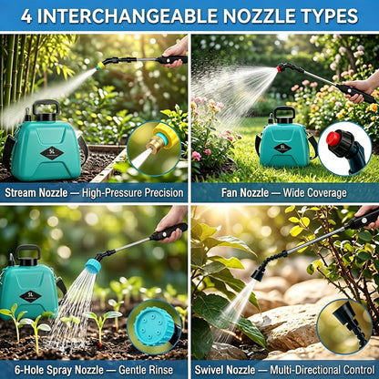 OHHANI Battery Powered Sprayer, 5L Cordless Electric Portable Garden Sprayer with USB Rechargeable Handle Telescopic Wand 4 Nozzles,  for Lawn Garden