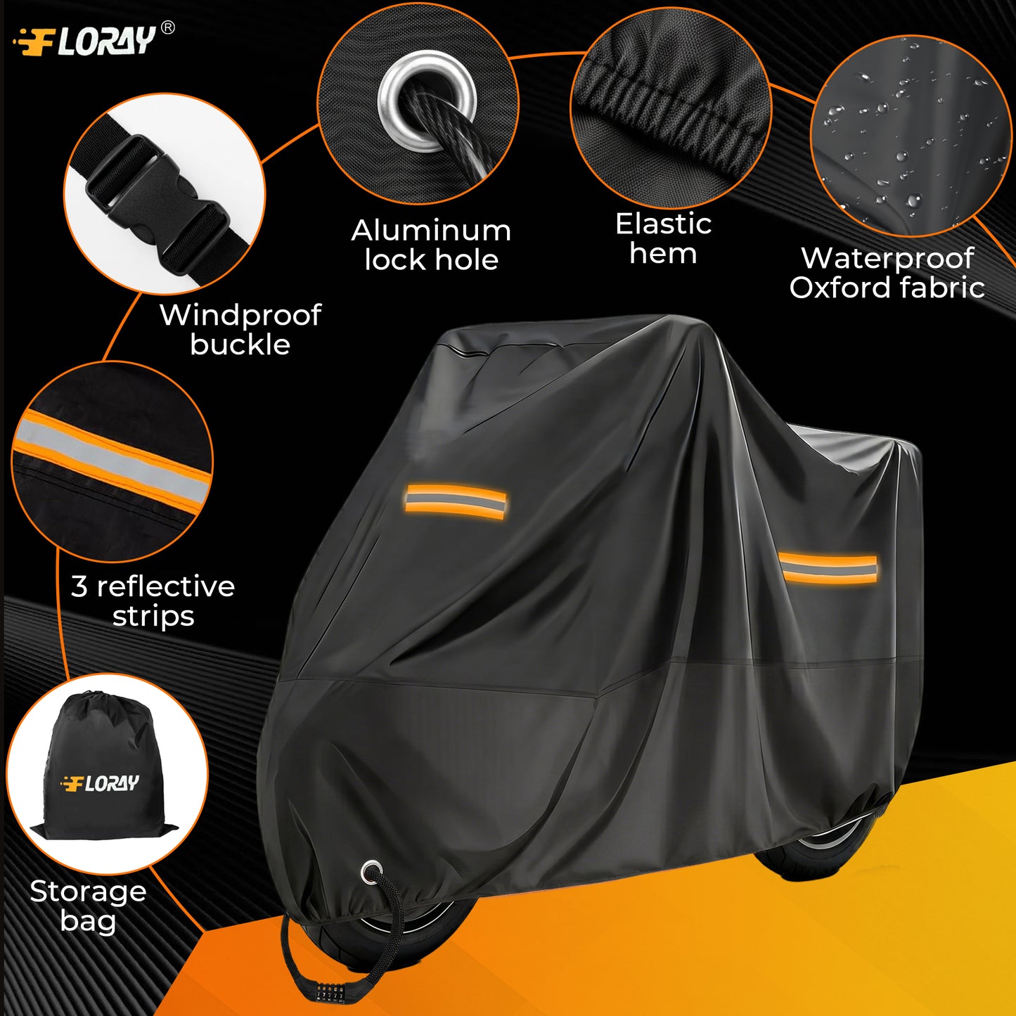 FLORAY Lightweight All-Season Motorcycle Cover, Waterproof Outdoor Protection with Reflective Strips and Windproof Buckles, 2XL, Black