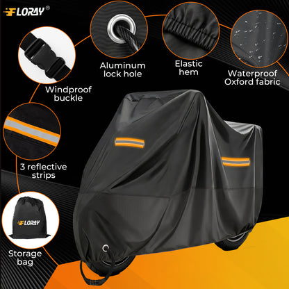 FLORAY Lightweight All-Season Motorcycle Cover, Waterproof Outdoor Protection with Reflective Strips and Windproof Buckles, 2XL, Black