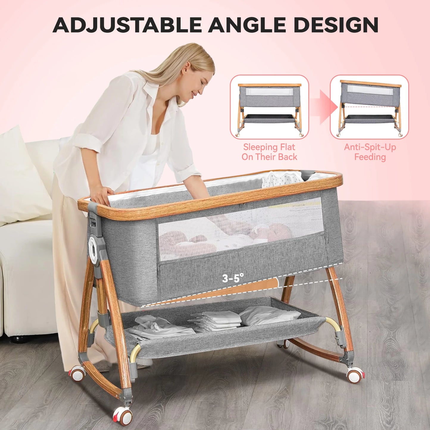 Rupoun Bassinet, Bedside Sleeper, Foldable Baby Crib with 6 Adjustable Heights and Mesh Panels, for Infant Newborn Child, Gray