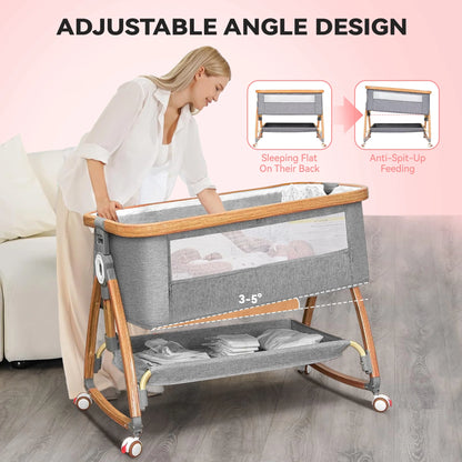 Rupoun Bassinet, Bedside Sleeper, Foldable Baby Crib with 6 Adjustable Heights and Mesh Panels, for Infant Newborn Child, Gray