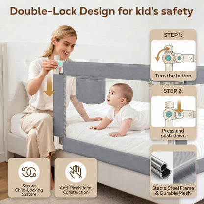L-Shaped Toddler Bed Rail, 59in Extra Large Safety Fence, Universal Fit for Most Mattresses, Tool-Free Easy Installation, Gray