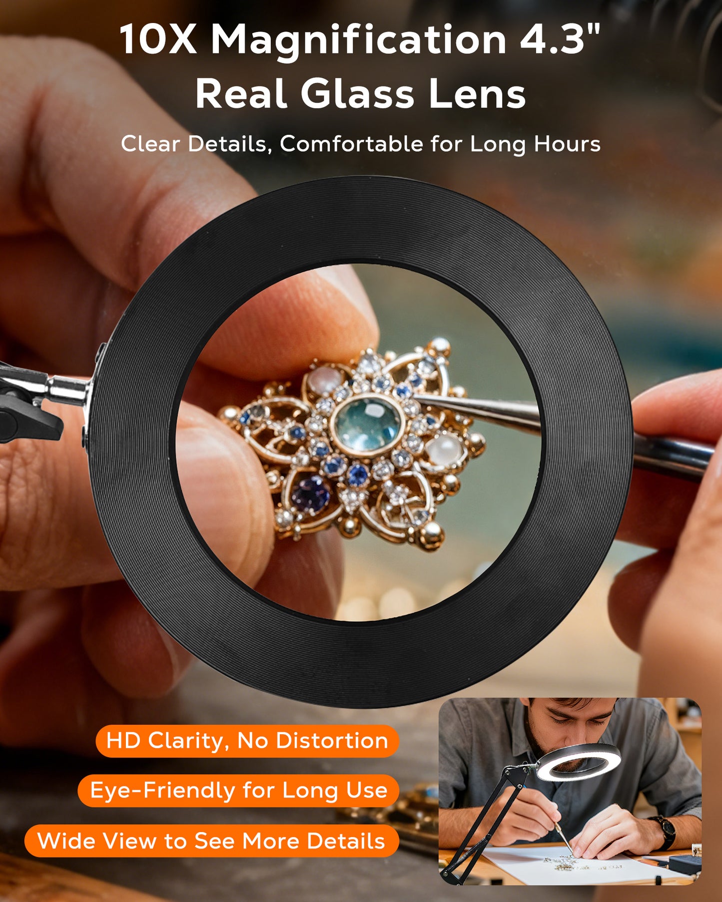 WEENEED 10X Magnifying Desk Lamp with Light, Adjustable Arm, USB Powered Magnifier Lamp with Clamp & Base for Reading, Repair, Crafts, Nail Beauty