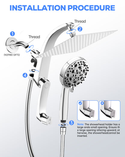 Hodvit High Pressure Rainfall Shower Head 10 Spray Handheld Showerhead Combo, 360° Degree Rotating Extension Arm, New