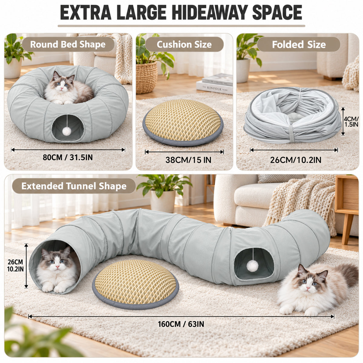 Tolobeve Foldable Cat Tunnel with Cushion Bed, Double-Layer Fabric Modular Tube Toy for Indoor Cats, Gray