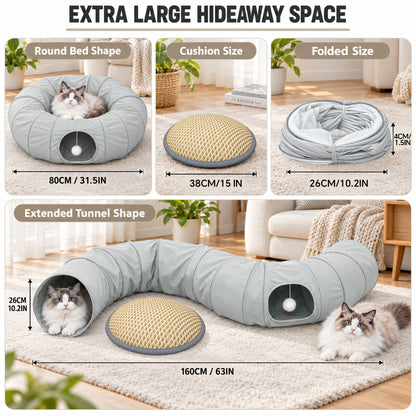 Tolobeve Foldable Cat Tunnel with Cushion Bed, Double-Layer Fabric Modular Tube Toy for Indoor Cats, Gray