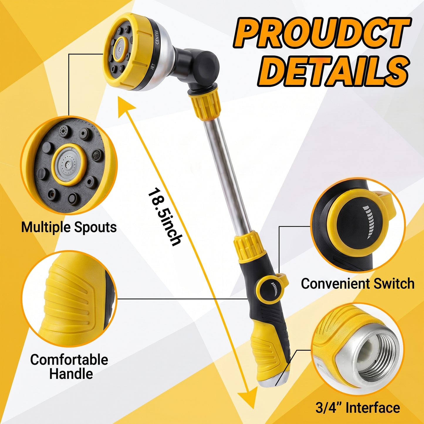 OHHANI Metal Watering Wand with 8 Spray Patterns Thumb Control, 180° Adjustable Nozzle, for Watering Hanging Baskets Yellow