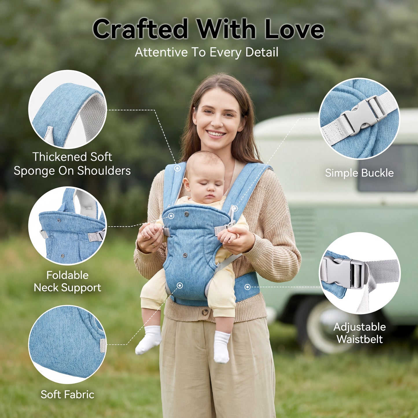RUPOUN Baby Carrier, Convertible Soft & Cool Baby Carrier, 4-Position, Blue, for Child, Infant, Newborn