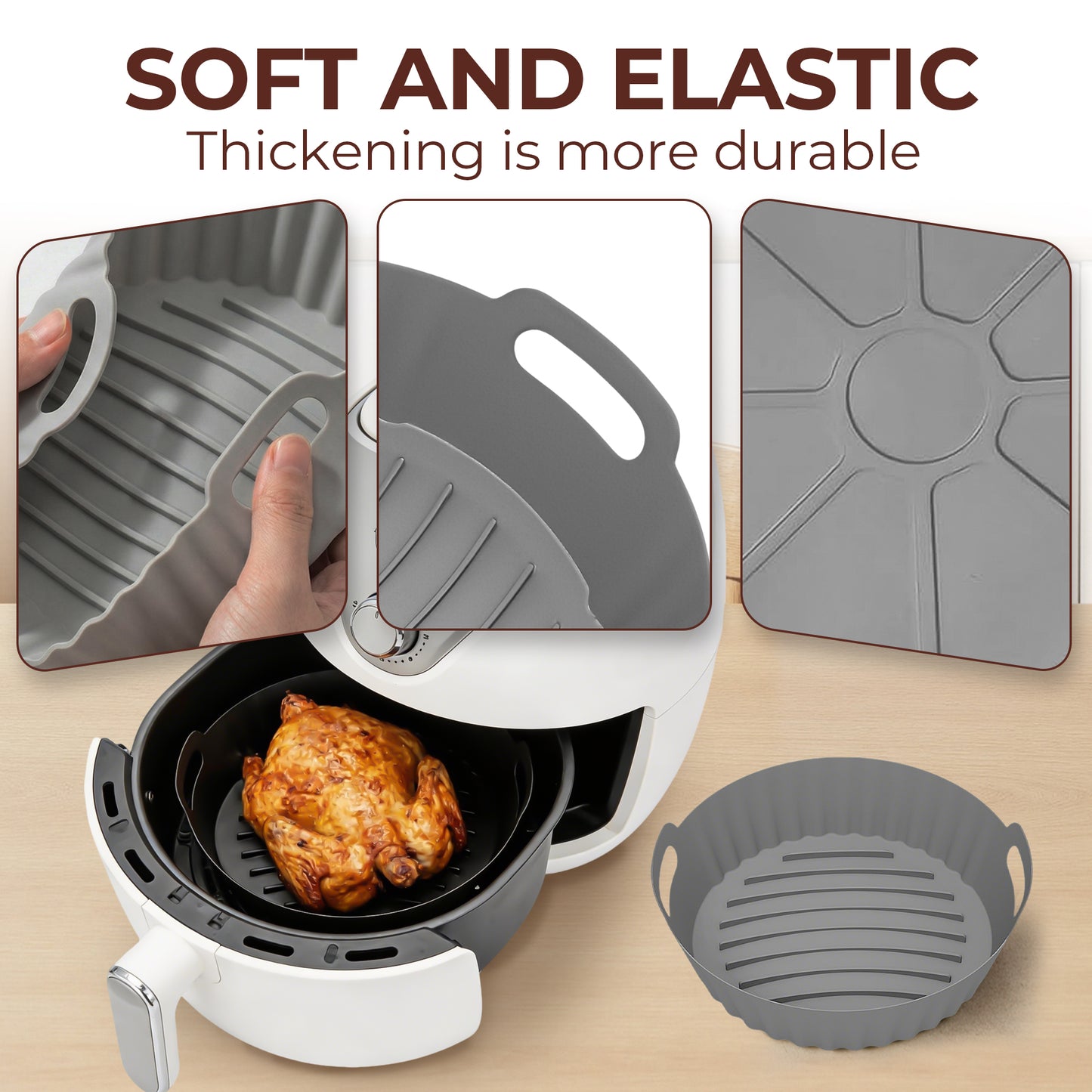 M Buder 2 Pack Silicone Air Fryer Liners, 4-7 QT Air Fryers, Reusable Food Grade Basket Bowl, Replacement for Parchment Paper, Baking Tray Oven Accessories, Round Gray&Black (Top 7.9in, Bottom 6.7in)