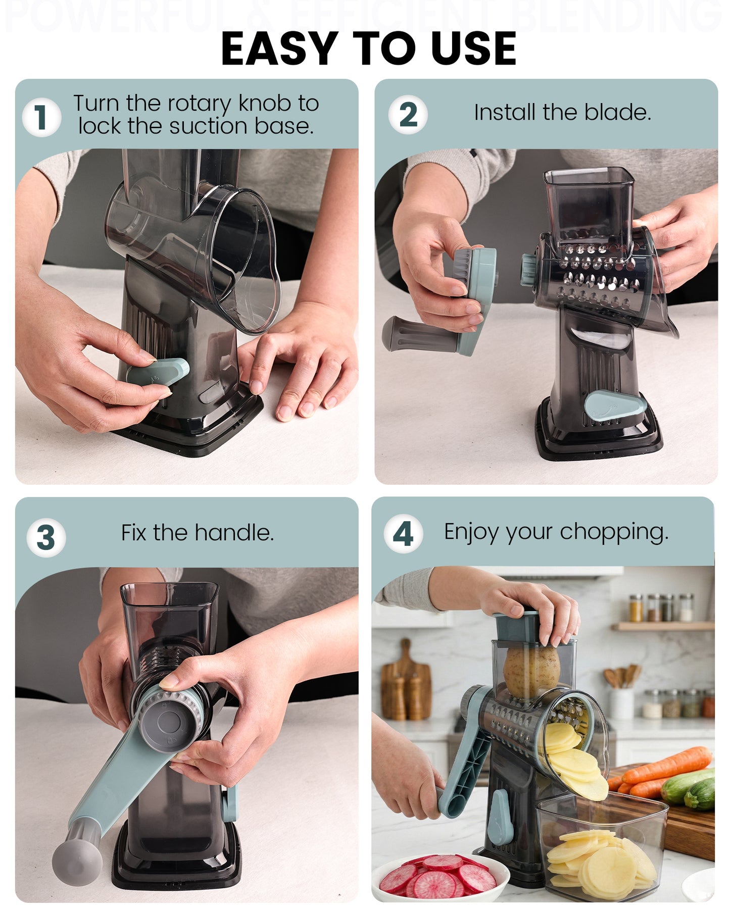 M Buder Rotary Cheese Grater with 3 Interchangeable Blades, Hand Crank Cheese Shredder Vegetable Chopper , Mandoline Slicer, Suction Base, Gray