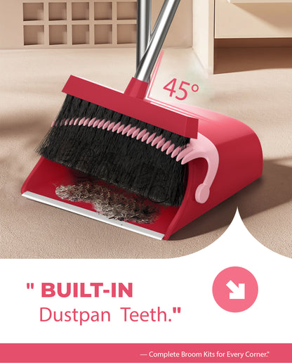 BIMZUC Broom and Dustpan Set for Home, 51" Long Handle Dustpan w/Comb, Broom & Dustpan, Rose Red