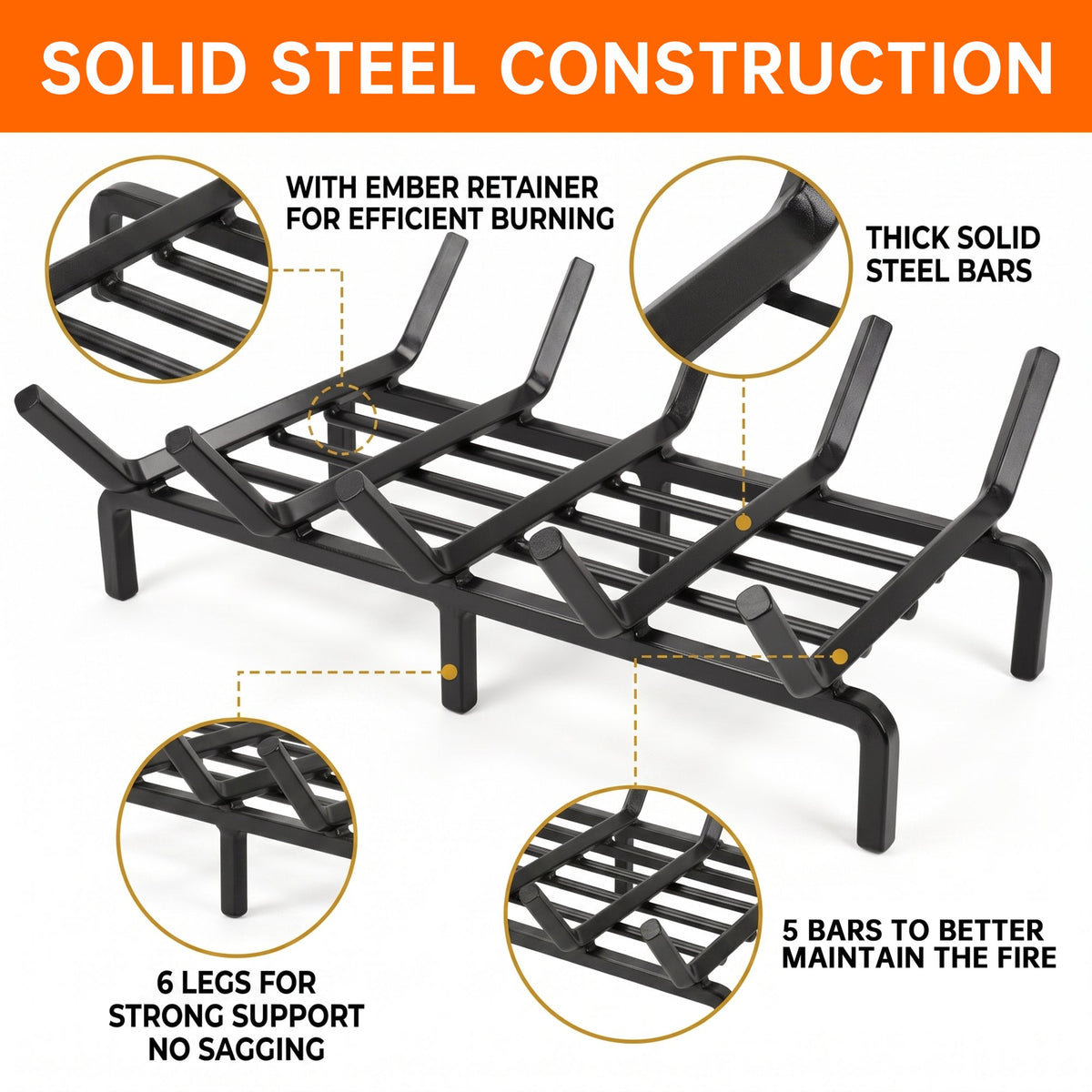 Ouneot 16.14in Cast Iron Fireplace Grate Log Rack, 1/2in Thick Bars 6 Legs for Indoor Stove Outdoor Fire Pit Camping