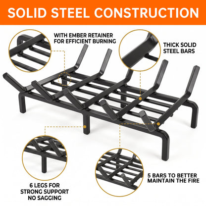 Ouneot 16.14in Cast Iron Fireplace Grate Log Rack, 1/2in Thick Bars 6 Legs for Indoor Stove Outdoor Fire Pit Camping