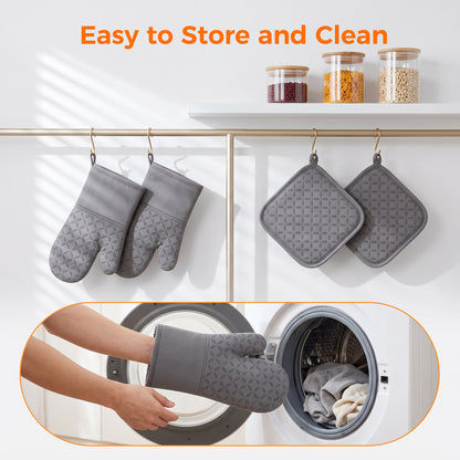 M Buder Oven Mitts Set, 4 Pcs 392°F Heat Resistant Pot Holders and Oven Mitts, Extra Long Thick Cotton Kitchen Oven Gloves for Cooking, Baking, BBQ, Gray