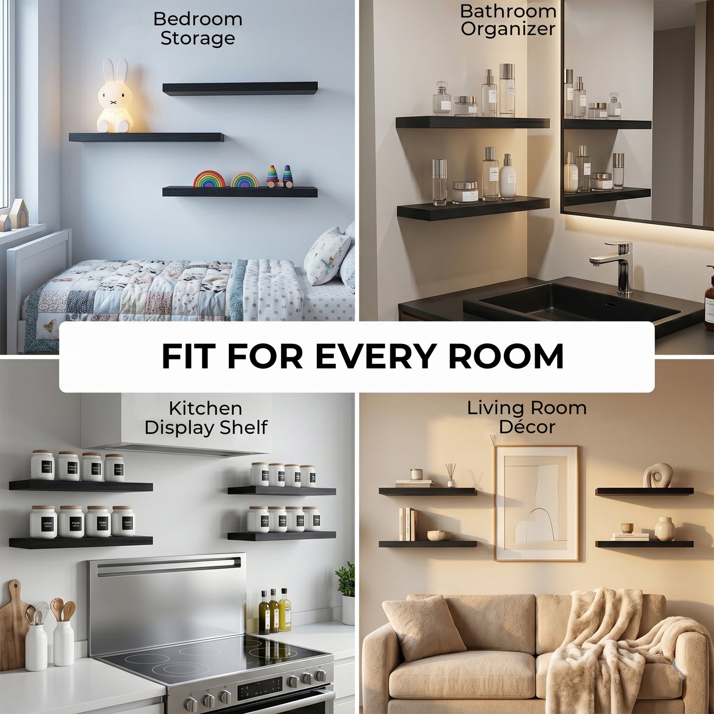 Riousery Floating Wall Shelves, Set of 3, 15.7" x 5.9" x 0.6", Black MDF Wood Wall Mounted Shelves for Bedroom, Bathroom, Living Room, Kitchen Storage & Display
