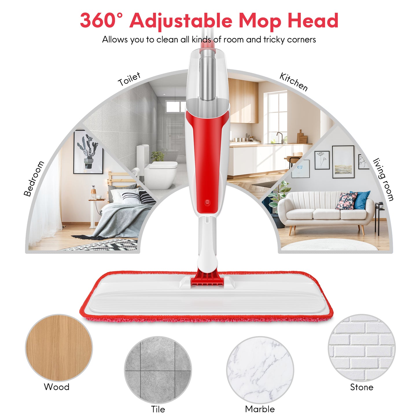 BIMZUC Spray Mop for Floor Cleaning Wet & Dry, with 14 oz Refillable Bottle and 3 Washable Microfiber Pads, Red