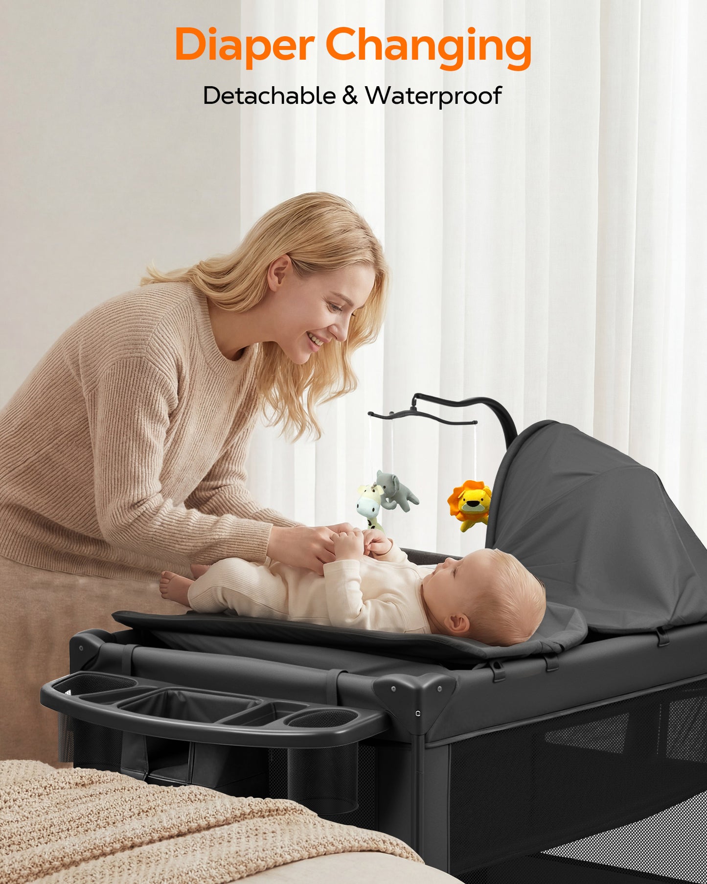 RUPOUN Baby Playards, Foldable Nursery Center Playpen and Toy Mobile, Portable Travel Bassinet, Locking Wheels, Gray