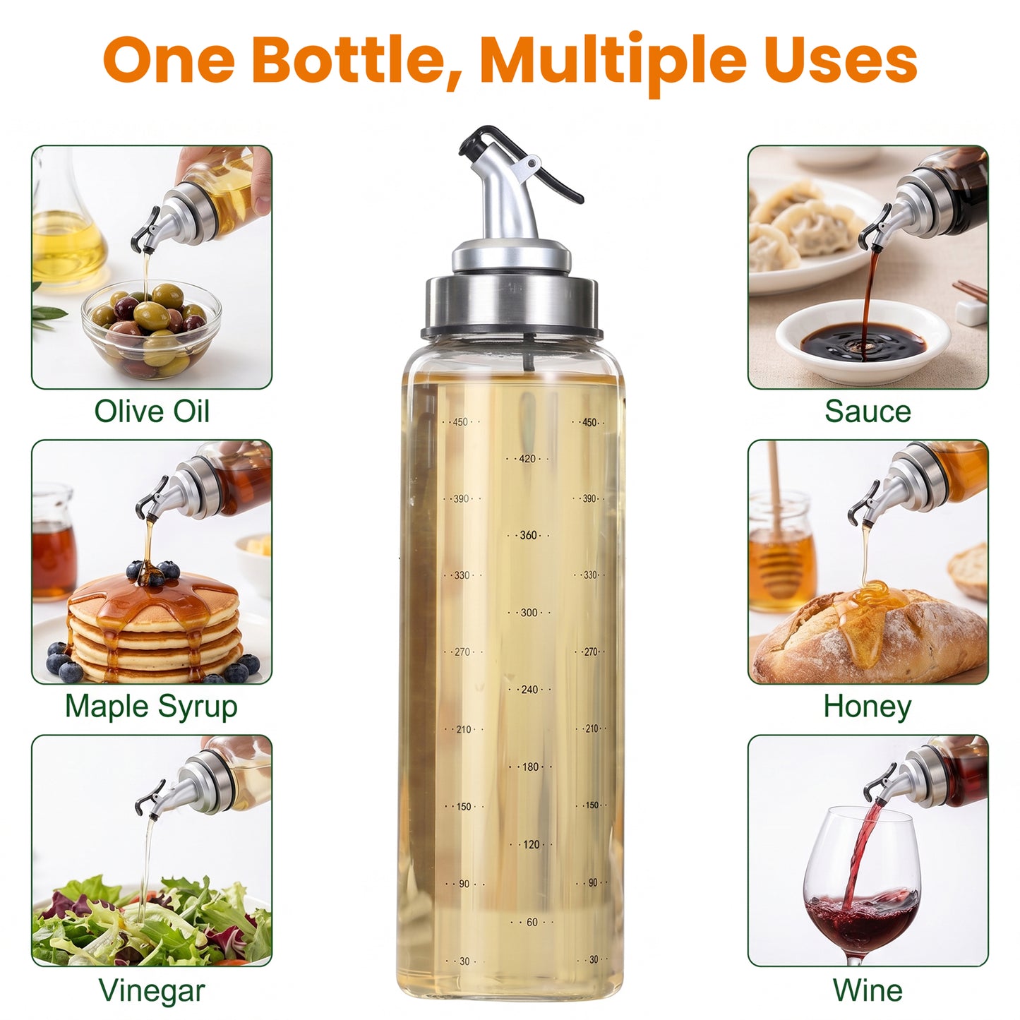 Riousery Glass Honey Dispenser Bottle, 17oz (500ml) No-Drip Syrup Dispenser with Measurement Marks, Stainless Steel & Glass, Leakproof Lid for Honey, Oil, Syrup