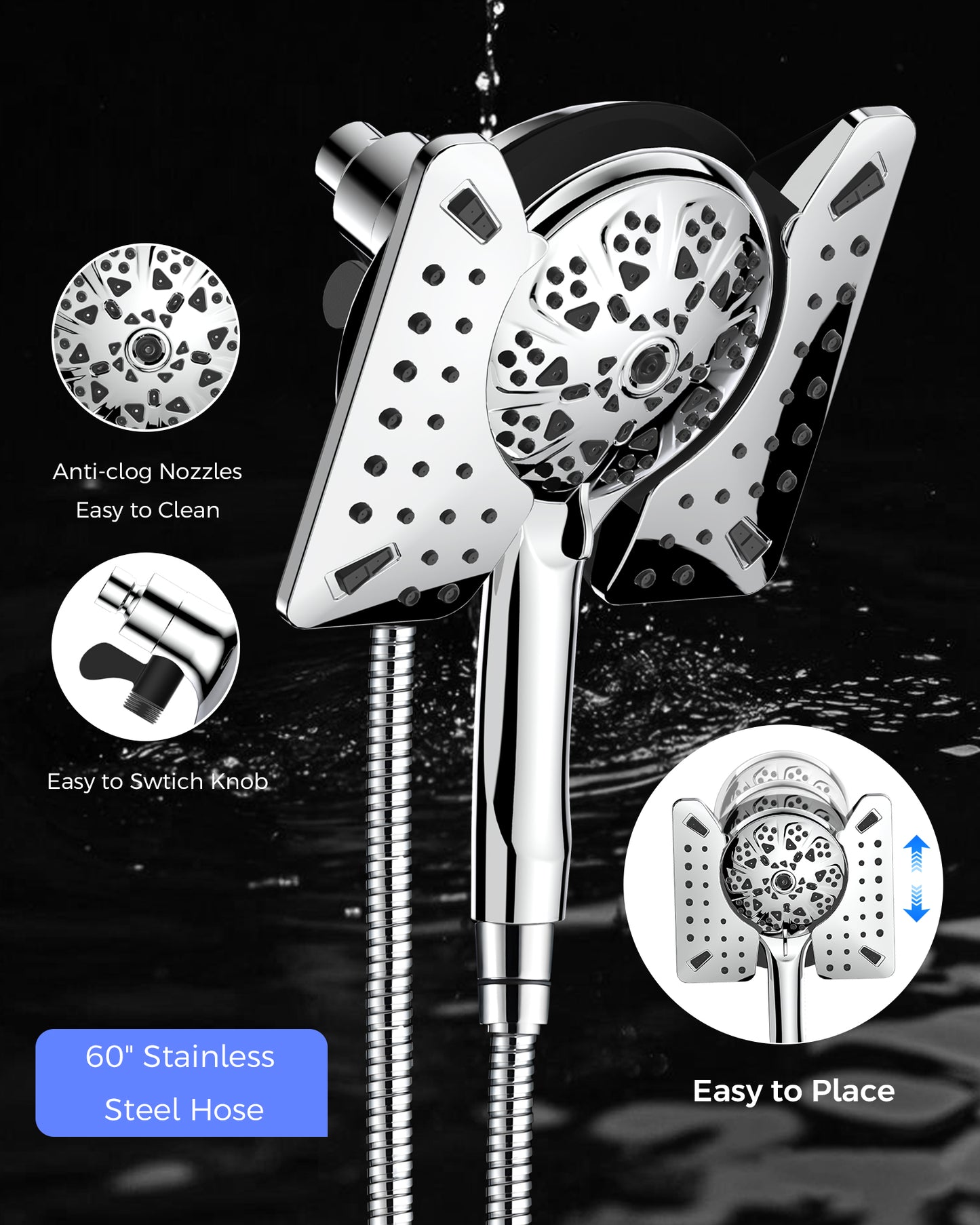 Hodvit 2 in 1 Shower Head with Handheld and Rain Shower Head, 10 Spray Patterns Handheld Shower Head with 60" Stainless Steel Hose,New