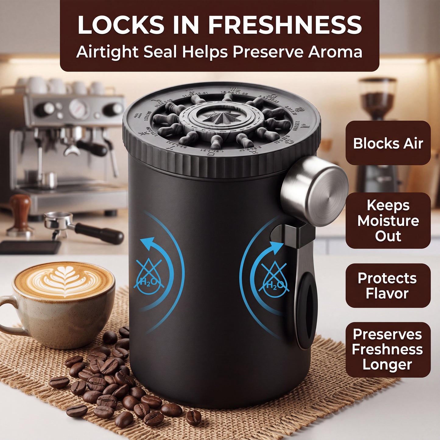 Riousery 60 oz Matte Black Stainless Steel Coffee Canister, Airtight Storage for Beans, Tea & Sugar with Valve and Scoop