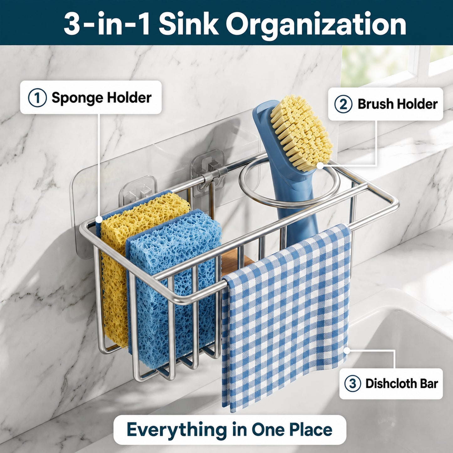 Riousery Compact Kitchen Sink Caddy, Adhesive Sponge Holder, 6.7 x 4.0 x 2.9 in Stainless Steel Mini Sink Organizer with Brush Holder and Dishcloth Bar, Rust Resistant