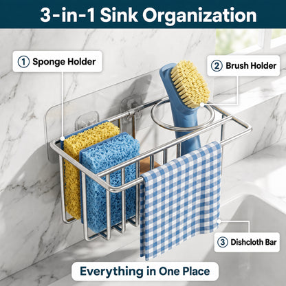 Riousery Compact Kitchen Sink Caddy, Adhesive Sponge Holder, 6.7 x 4.0 x 2.9 in Stainless Steel Mini Sink Organizer with Brush Holder and Dishcloth Bar, Rust Resistant