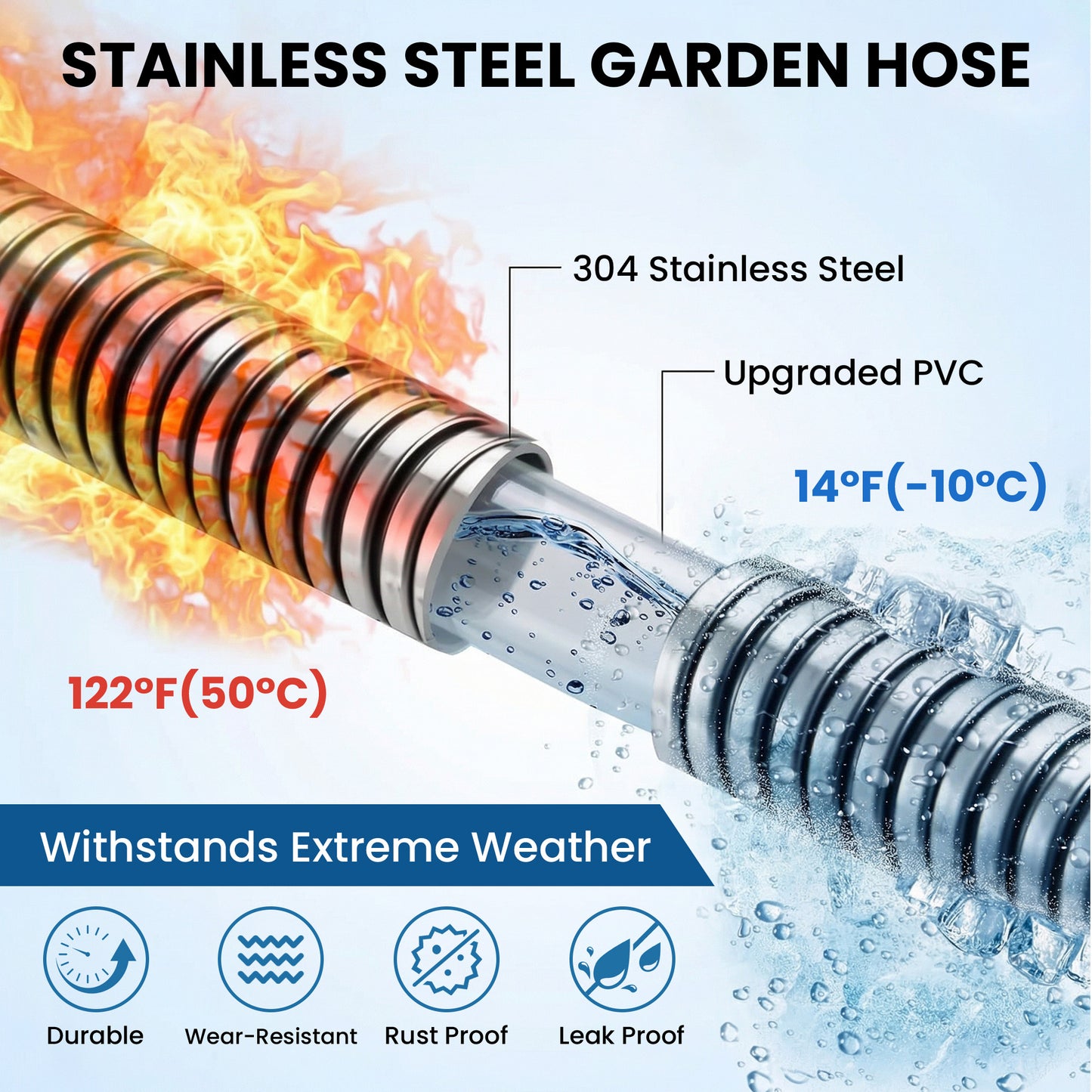 OHHANI Garden Hose 5/8" x 200ft Professional Stainless Steel Water Hose No Kink for Large Acreage, Construction, Agricultural Use