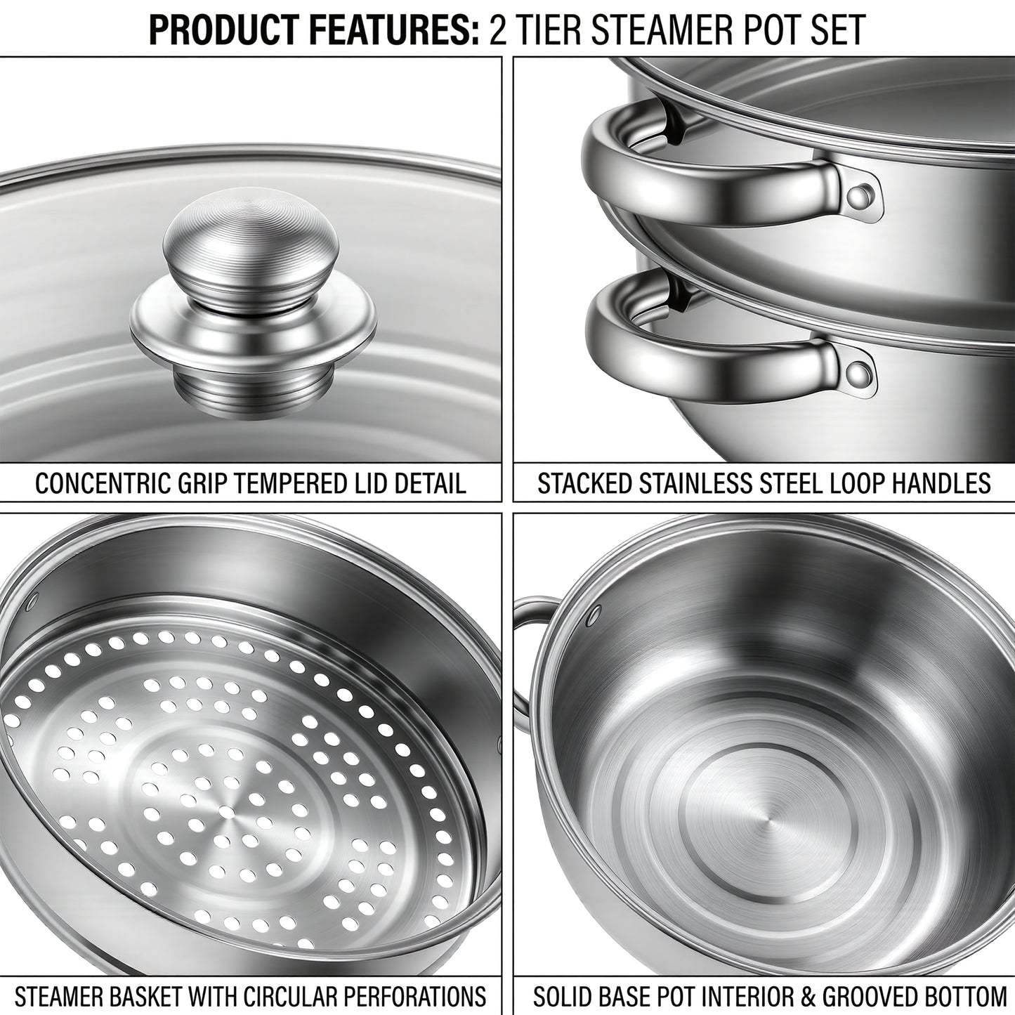 LZSDS Steamer Basket 2 Tier Stainless Steel 11 In, Stackable Steamer Insert Pot with Glass Lid for Vegetables Dumplings