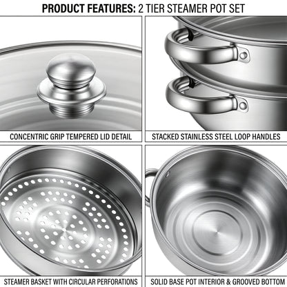 LZSDS Steamer Basket 2 Tier Stainless Steel 11 In, Stackable Steamer Insert Pot with Glass Lid for Vegetables Dumplings