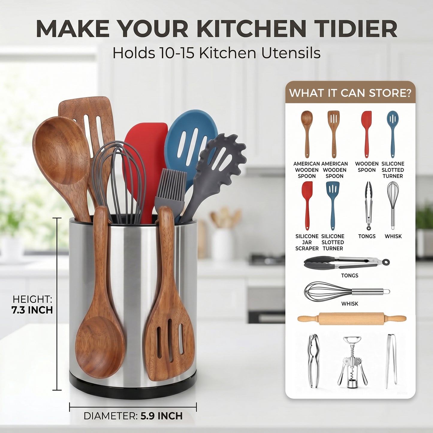 Alylo Kitchen Utensil Holder - 360° Rotating Stainless Steel Extra Large 3-Compartment Flatware Caddy, Silver